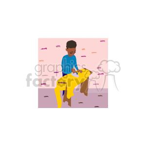 The clipart image depicts an African American boy ironing clothes. He is using an iron on a yellow garment that is laid out on an ironing board. The background is minimal with a pattern that could suggest wallpaper.