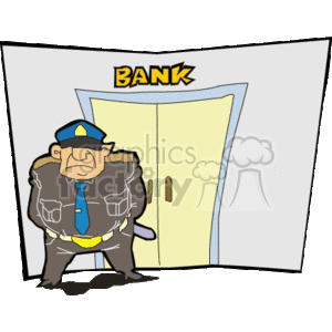 The clipart image features a cartoon depiction of a policeman standing in front of the entrance to a bank. The bank entrance is framed by an irregular border that gives the image a dynamic, almost three-dimensional effect. The word BANK is prominently displayed in a burst-style caption above the door, emphasizing the location. The policeman has a stern expression and is depicted with exaggerated features, such as large ears and a broad chin. He's dressed in a traditional police uniform with a peaked cap, badge, and utility belt.