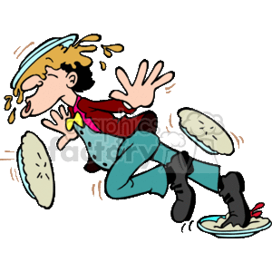The clipart image depicts a comical scene of a man being hit in the face with pies. He is reacting by flailing his arms and appears to be falling backwards. There are two pies visible in mid-air suggesting a continuous action of pies being thrown at his face, while a third pie is shown splattered on the ground. The man is dressed in a colorful outfit, with a red jacket, a blue piece of clothing, and black boots. The image exudes a sense of chaotic fun, commonly associated with carnival games or slapstick comedy.