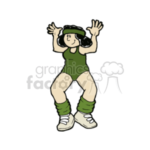 The clipart image depicts a cartoon of a woman engaged in exercise or aerobics. She is wearing a green workout outfit, with what appears to be leg warmers, and white sneakers. She is also wearing a cap or hat backwards and has her arms raised, suggesting an active, energetic pose typical of fitness routines.