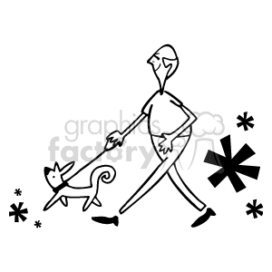 The clipart image features a stylized representation of a person walking a dog on a leash. The human figure appears to be moving forward with a confident stride, while the dog looks playful and is positioned ahead of the person. There are also stylized representations of plants or flowers near the person and the dog.