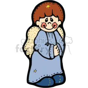 The clipart image depicts a young male angel with a country-style aesthetic. The angel is portrayed with a thoughtful or prayerful expression, wearing a long blue robe with yellow stars and blue shoes. He has golden wings speckled with white and a halo above his head.