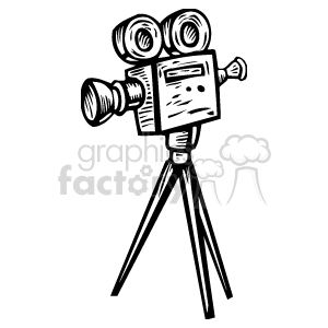 This clipart image features a vintage-style video camera mounted on a tripod. The camera appears to be an old-fashioned film camera commonly used in movie production before the advent of digital technology.