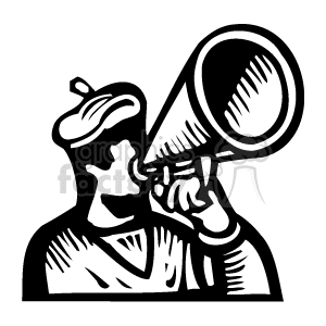 The clipart image depicts an individual, possibly an artist or a director, using a megaphone. The person is characterized by their focused expression and the action of speaking or shouting into the loudspeaker, which is associated with directing or announcing in a movie, theater, or art setting.