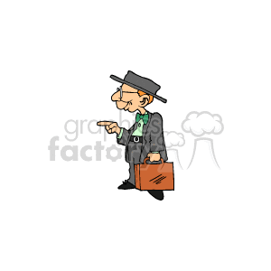 The clipart image features an illustrated character that represents a stereotypical businessman or lawyer. He is depicted as a thin man with pronounced facial features, wearing a gray suit with a green tie and a hat. He is also wearing glasses, pointing with his finger, and carrying an orange briefcase.