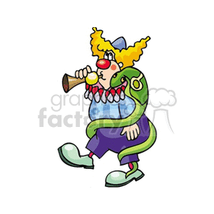 clown blowing his horn with a snake around him