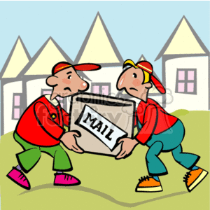 In this clipart image, there are two cartoon delivery people carrying a large package with the word MAIL written on it. They are both wearing red tops, caps, and blue trousers with colorful sneakers. They appear to be exerting effort, indicated by their bent knees and focused expressions, as they transport the package together. In the background, there are stylized homes, depicting a residential area where the package is likely being delivered.