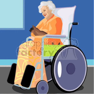 The image is a clipart that depicts a happy elderly woman sitting in a wheelchair. She has grey hair and is wearing a bright orange dress with a blanket over her legs. The lady is holding a brown cat in her lap, suggesting she is enjoying the company of her pet. The setting appears to be indoors, with a blue wall in the background and a hint of a window or picture frame on the wall.