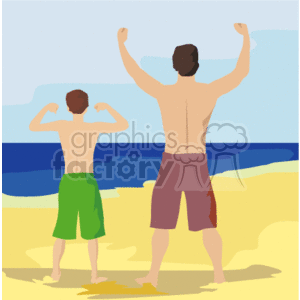 This clipart image depicts a child and an adult standing on a beach with their backs to the viewer. Both are flexing their muscles towards the sky. The child seems to be imitating the adult, suggesting a family bond, perhaps that of a father and son. The sunny beach setting with the ocean horizon suggests a summer or vacation theme. Exercise and physical activity are also themes represented in this image.