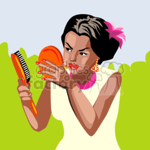 The clipart image shows a girl looking into a handheld mirror while holding a hairbrush. She seems to be grooming her hair and is wearing a white dress with prominent pink earrings and a decorative flower in her hair.