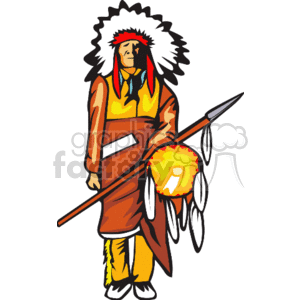 The clipart image depicts a stylized representation of a Native American man dressed in traditional attire. He is wearing a headdress with feathers, a brown garment with yellow trim, and he is holding a spear with decorations hanging from it.