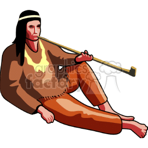 The image shows a cartoon representation of a Native American individual, typically characterized as a man, seated on the ground with legs crossed. He is holding a long pipe, often referred to as a peace pipe, in his hands. He is depicted with long black hair, a headband, and is wearing traditional clothing.