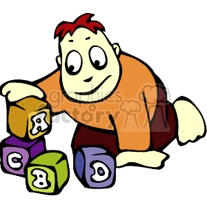 The clipart image shows a cartoon of a baby boy playing with alphabet blocks. The boy has a contented smile, and his attention is focused on the blocks, which feature letters A, B, and C.