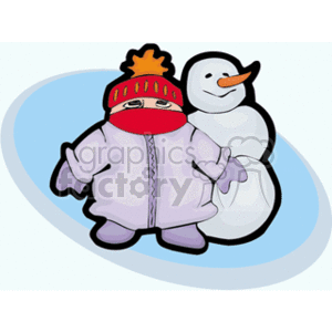 This clipart image depicts a child bundled up in winter clothing standing next to a happily smiling snowman. The child is wearing a jacket and a hat with visible patterns, and both are in a snowy environment suggested by the light blue and white background.