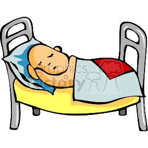 The image shows a clipart illustration of a young boy sleeping peacefully in bed. The boy appears to be comfortable, with his head resting on a pillow and a blanket covering him. The bed is a simple design with a headboard and footboard. The overall feel of the image is calm and restful.