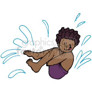 The image features a cartoon of a child, possibly a boy, with a joyful expression, engaging in what appears to be a cannonball dive, illustrated by the tucked position and splashes around. The child has curly hair and is wearing purple swim shorts.