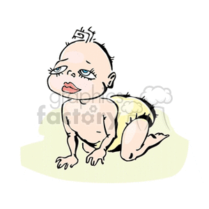 A Small Baby In a Yellow Diaper Crawling