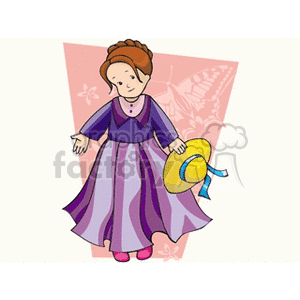 Little girl in a long purple dress holding a yellow hat