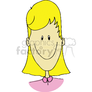 The clipart image shows a stylized illustration of a smiling girl. The girl has long blonde hair, a simple facial expression with two dots for eyes and a curved line for a mouth. She is wearing what appears to be a pink garment with a visible collar.