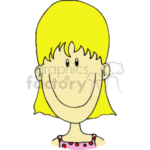 The image depicts a cartoon of a smiling girl with blonde hair. She is shown from the shoulders up, displaying a happy face with minimalistic features. The girl's clothing is partially visible, suggesting a pink dress with dark pink or red dots.