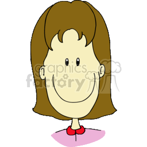 This clipart image features a stylized drawing of a smiling girl with brown hair. Her face is prominent in the illustration, with simplified features including two eyes, a nose, and a smiling mouth. The image also includes her neck and a small portion of her upper body, with a hint of a pink shirt and red shoes visible.