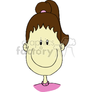 This clipart image features a simple illustration of a young girl's face. The girl has a happy expression, with two eyes and a simple curved line for the mouth, giving a friendly look. She has a brown hairstyle with a part of it styled into a top bun, revealing a tiny pink hair accessory. The image has bold outlines and a playful, cartoonish style.