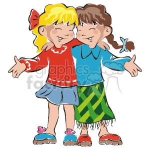 This clipart image depicts two cartoon girls who appear to be friends or sisters, standing closely together with their arms around each other, symbolizing friendship or familial bond. Both are smiling, expressing happiness and joy. One girl has blonde hair with a red bow, wearing a red top and a blue skirt, matching with shoes that have a pink accent. The other girl, with brown hair, is in a blue top and a green checkered skirt, also paired with uniquely patterned shoes. The overall cheerful demeanor suggests a close relationship, capturing the essence of childhood camaraderie or sibling affection.