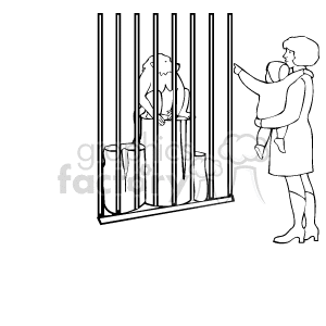 This clipart image shows a scene where an adult is holding a child, and they are both looking at an animal inside a cage, as if they are visitors at a zoo. The animal appears to be a lion, standing on two legs and is placed inside a cage with vertical bars.