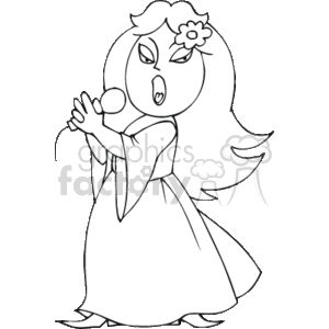 This is a black and white clipart image featuring a female character drawn in a simple, cartoonish style who appears to be singing. She is holding a microphone, with her mouth open as if in mid-performance, and is wearing a long dress and a flower in her hair. There is a suggestion of movement, as her hair and dress seem to be flowing.