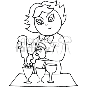 The clipart image depicts a bartender, who appears to be engaged in making mixed drinks. The bartender is shown pouring a liquid into a cocktail glass, with two other glasses on the counter in front of them. The bartender is dressed in a professional attire which includes a bow tie, and they are smiling as they work.