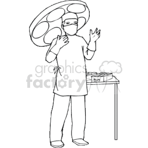The clipart image depicts a person dressed in surgical attire, which includes a surgical gown, mask, and gloves. They are standing next to a table with what appears to be medical instruments, indicating they are preparing for or are in the midst of a surgical procedure. The person is also wearing a surgical cap and a headlight, both common equipment for a surgeon.
