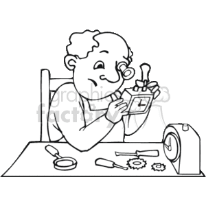 The clipart image depicts a clocksmith or watchmaker at work. The individual is sitting at a table, using a magnifying glass to carefully inspect or repair a clock. Various tools and parts, such as gears and a screwdriver, are scattered on the table, indicative of the precision work required in clock repairing.