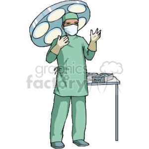 The clipart image features an individual wearing surgical scrubs, a surgical mask, and a cap, typically worn by medical staff in an operating room. The person is standing with one hand raised as if gesturing or preparing to perform a procedure, and behind them is an overhead surgical light commonly used in surgeries to provide high-intensity illumination. There's also a small table or tray which might hold surgical instruments.