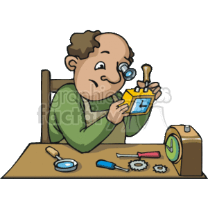 The clipart image depicts a horologist (a professional who repairs watches and clocks) at work. The horologist is wearing a magnifying eyepiece and is closely examining a yellow clock. On the table, there are various tools associated with clock and watch repair such as a magnifying glass, screwdriver, and gears. There is also an unopened clock to the right side of the table.