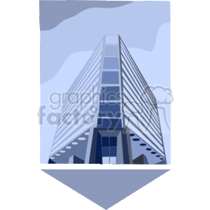 The clipart image features a stylized representation of a modern commercial building, typically used to symbolize office buildings or apartment/condominium complexes in an urban setting. The building is depicted with a significant height, multiple windows, and a pronounced entrance. The sky in the background has clouds, suggesting an urban skyline.