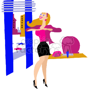 The clipart image depicts a cartoon figure of a woman standing in an office-like setting. She appears to be a professional, potentially a realtor, given the context provided in the keywords. Behind her, you can see vertical blue lines that resemble property listings or architectural features, alongside what looks like a building structure, hinting at a real estate theme. She stands at a desk with a telephone, a pen holder with pens, and what could be paperwork, further suggesting a business or real estate office environment. Her attire is formal, in line with professional office wear.