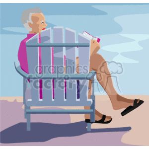 This image features a senior man sitting on a beach chair and reading a book. He appears relaxed and is dressed in light summer clothing suitable for a beach environment. The setting suggests it's a warm day, fitting for a beach summer scene. The sky is painted with soft pastel shades, indicating either early morning or late afternoon. The man has gray hair and is wearing sandals, shorts, and a short-sleeved shirt, and he's deeply engrossed in his book.