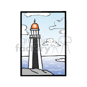 This is a clipart image of a lighthouse standing next to a body of water, likely the sea. The sky is partly cloudy, and the lighthouse is depicted in a simplistic style with black outlines and filled colors.