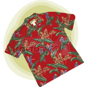 In the clipart image, there's a vibrant red Hawaiian shirt featuring a tropical print design with flowers and leaves. The background appears to be two simple, abstract circular shapes, one overlapping the other, in light colors providing contrast to the shirt.