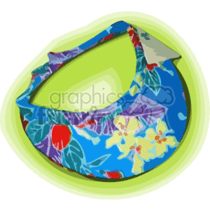 The clipart image depicts a colorful visor hat with a tropical Hawaiian print. The visor has a pattern featuring various flowers and leaves that are typically associated with traditional Hawaiian designs. The colors are vibrant and the hat seems to have a playful and summery vibe.