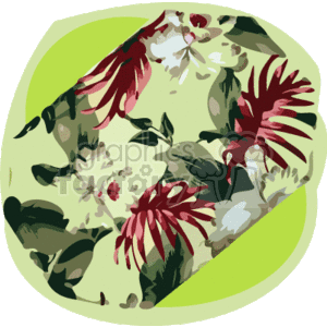 The clipart image features a pattern of tropical flowers that are often associated with Hawaiian flora. The pattern includes prominent red flowers, possibly resembling hibiscus or similar varieties, along with green foliage and smaller flowers in white and pink hues. The background is a combination of green shades, which could represent a leaf or abstract tropical element.