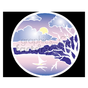 The clipart image depicts a serene landscape within a circular frame. It features a mountainous backdrop with layers of mountains under a sky with clouds and a moon visible, suggesting dusk. In the foreground, there's a silhouette of a leafless tree, which could be a bare branch or tree in winter. The body of water depicted can be interpreted as a lake or river, reflecting the color of the sky. There is a small sailboat on the water, adding a touch of tranquility to the scene.