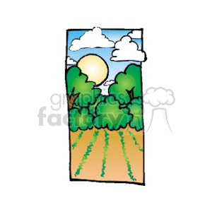 The clipart image features a pastoral scene with a field that appears to be cultivated with crops, likely signifying wheat or grain due to the rows and color. There are lush green trees suggesting a forest or wooded area bordering the field, and a sunny sky with a few clouds overhead. The colors and elements reflect a serene countryside landscape.