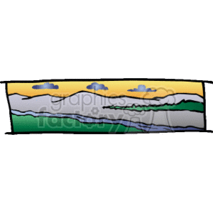 The image is a simple clipart illustration depicting a mountain landscape. There are several layers of mountains with varying shades of green and gray to create a sense of depth. The sky above the mountains is a light orange-yellow, suggesting it could be either dawn or dusk, with a few white and blue clouds scattered throughout.