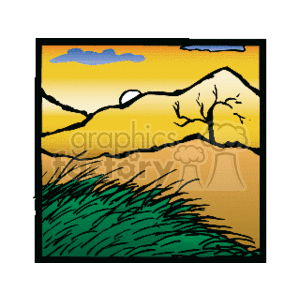 The clipart image depicts a stylized outdoor landscape. It features a mountain range against a sky with clouds. In the foreground, there are what appear to be grass or shrubs. The image employs a simplified, almost abstract form of illustration with bold outlines and blocks of colors. There are no detailed trees in the image.