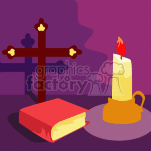 This is an image featuring religious symbols predominantly associated with Christianity. There's a large cross in the background, which is a central symbol of the Christian faith representing the crucifixion of Jesus Christ. In the foreground, there's a candle with a flame, typically used in religious rituals and ceremonies to signify light and the presence of God. Additionally, there's a book that resembles a Bible, indicating the significance of holy scriptures in religious practice.