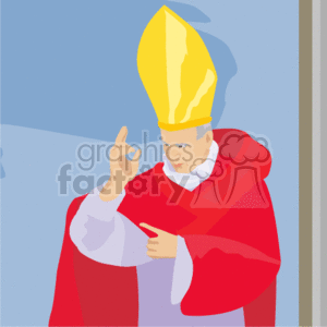 The image is a clipart of what appears to be a religious figure, likely a Christian bishop or priest, wearing liturgical garments. He is dressed in a red chasuble with white at the collar, and a golden mitre on his head. His gesture seems to be one of blessing or preaching.