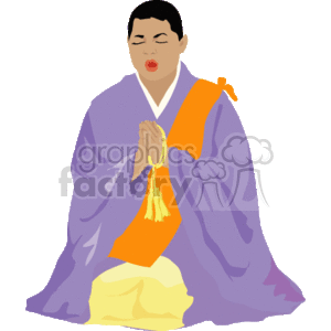 The image is a clipart depicting a person in religious attire, with their eyes closed and hands clasped together in a gesture of prayer. The person appears to be wearing a purple robe with an orange sash and a yellow garment underneath. The style of the clothing suggests a traditional or ceremonial outfit that might be associated with certain religious practices or Eastern spiritual traditions.