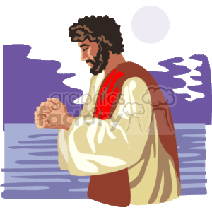 The image depicts a man, likely representing a biblical or historical figure, with hands clasped in prayer. He is wearing a robe with a red sash, and behind him is an abstract representation of a landscape with water and hills or mountains under a circular white object, possibly the moon. There is a sense of tranquility and spirituality conveyed through the image.