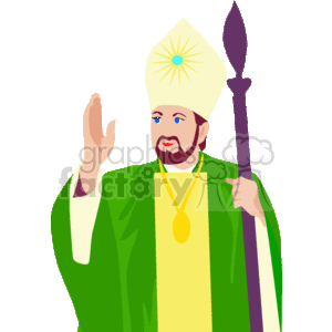 The image is a clipart depiction of a religious figure, possibly a bishop or priest, dressed in ceremonial attire. He is wearing a green chasuble over a white alb, a mitre (ceremonial headpiece), and a pectoral cross hanging around his neck. He is holding a crosier (a ceremonial staff) in his left hand and appears to be making a gesture of blessing or praying with his right hand.
